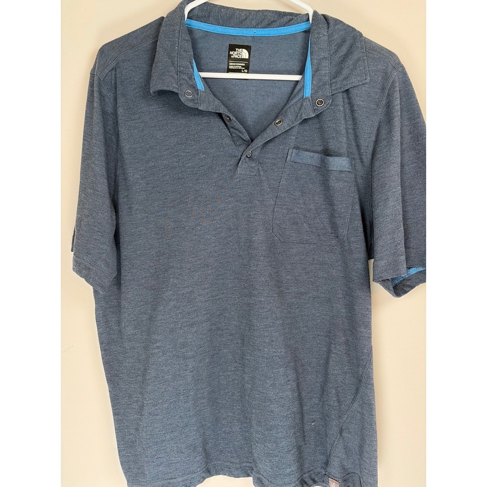 The North Face Mens Blue Heathered Short Sleeve Snap Polo Shirt Large